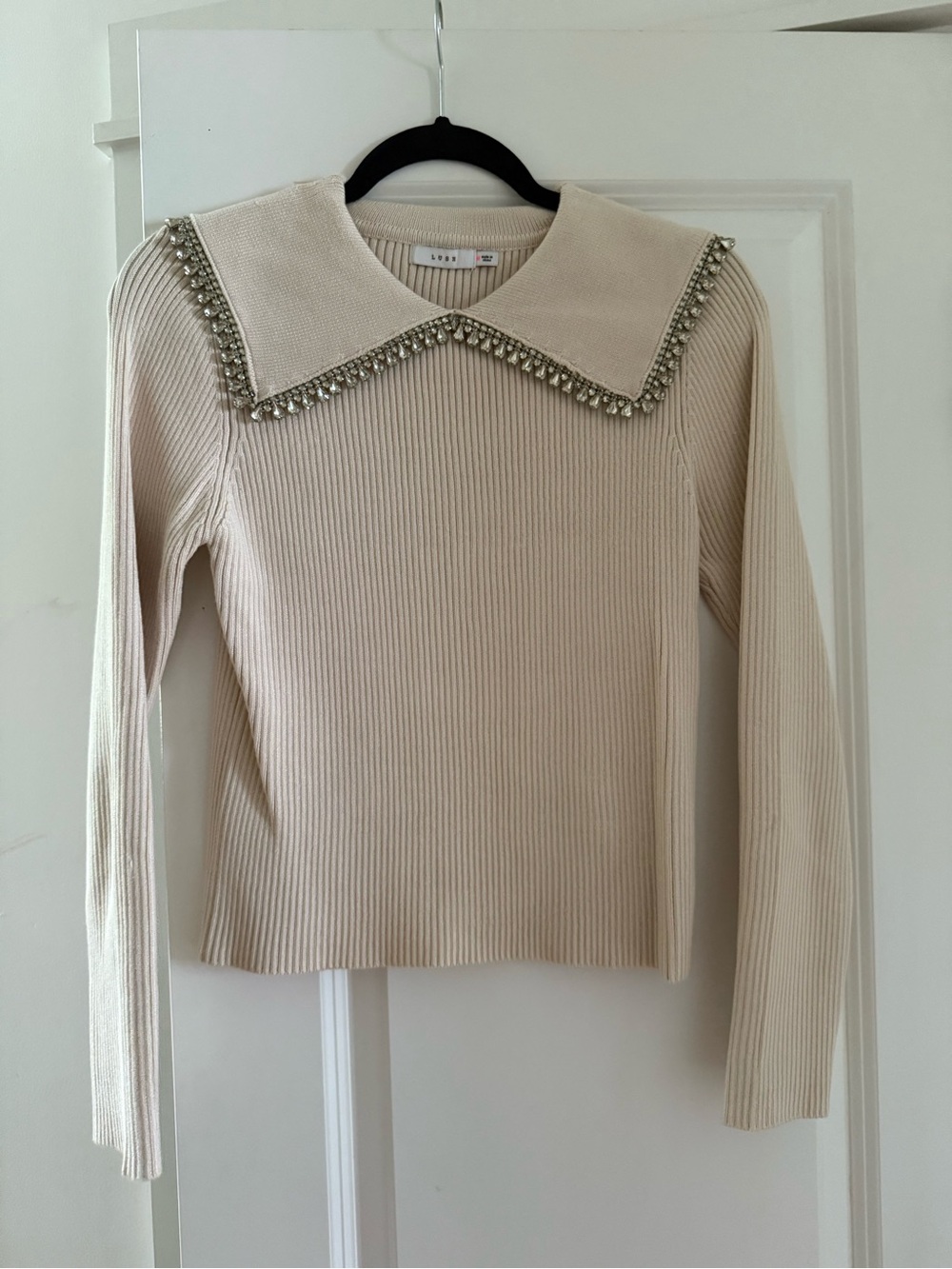 Lush Cream Ribbed Sweater with Jewel Trim Collar